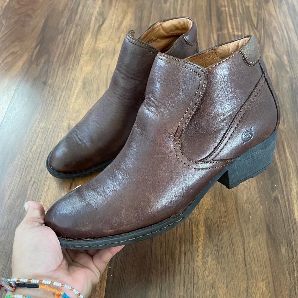Born | Brown Leather Ankle Low Heel Booties 8.5